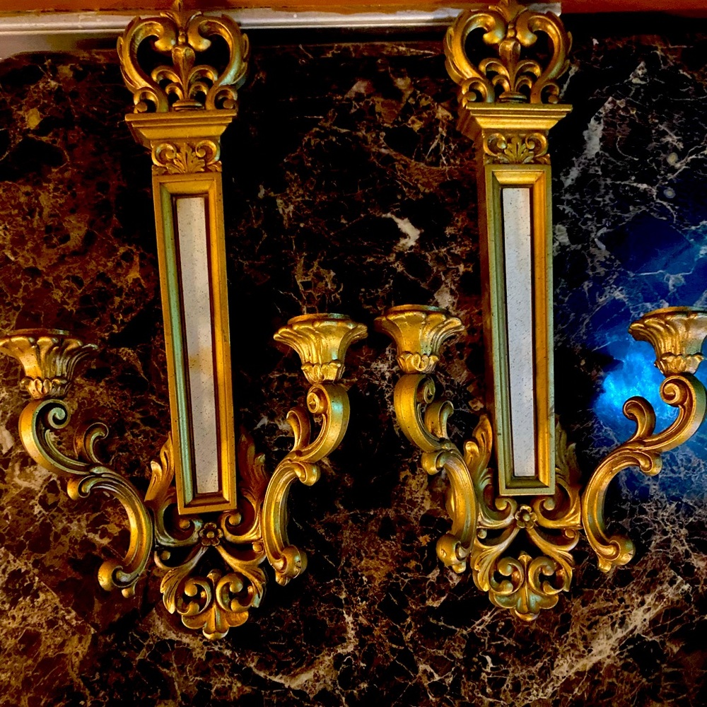 Syroco 4061 Pair, Vintage 1969 Gold Double Arm Candleholder Wall Mount